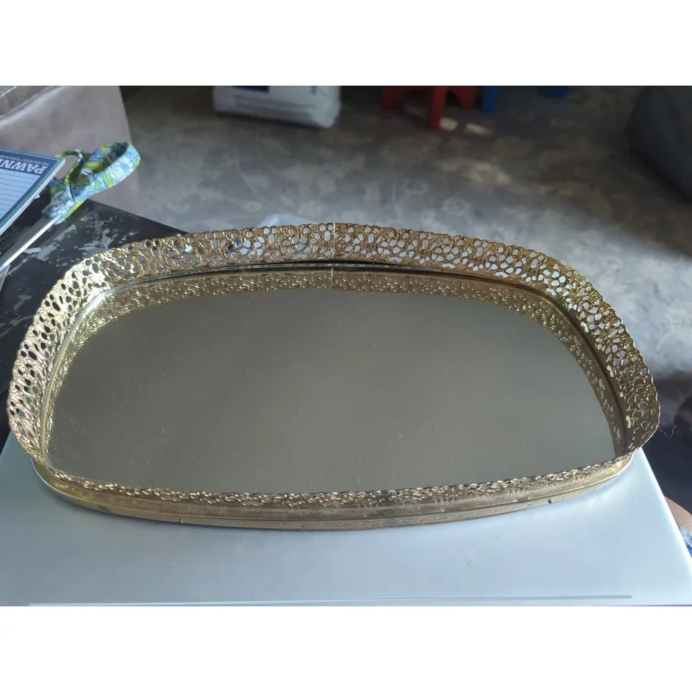 Vintage Mirrored Vanity Tray Oval Gold Filigree Ornate Hollywood Regency